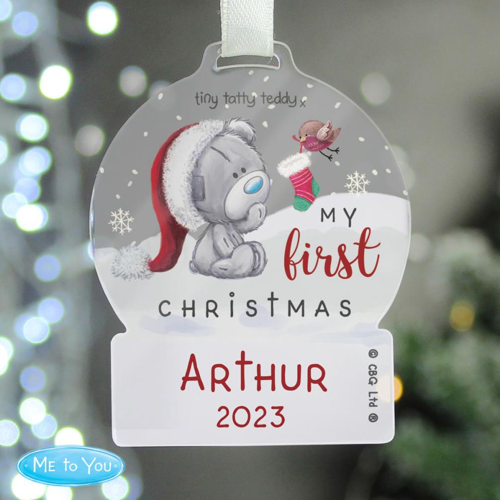 Personalised First Christmas Tiny Tatty Teddy Acrylic Snow Globe Decoration Extra Image 1